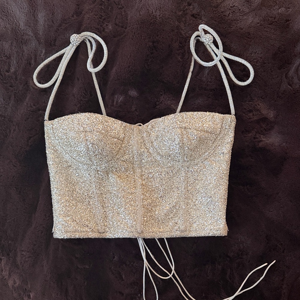 Mach & Mach Sparkle Silver Sequin Bustier Crop Top - Women